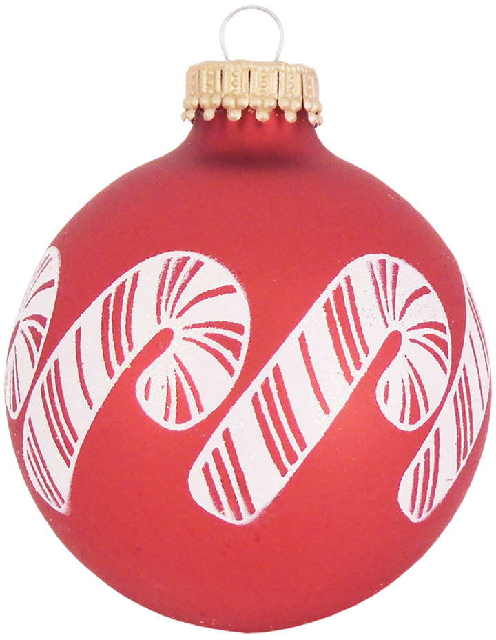Glass Christmas Tree Ornaments - 67mm/2.625" [4 Pieces] Decorated Balls from Christmas by Krebs Seamless Hanging Holiday Decor (Candy Apple Red w/ White Glitter Candy Canes)