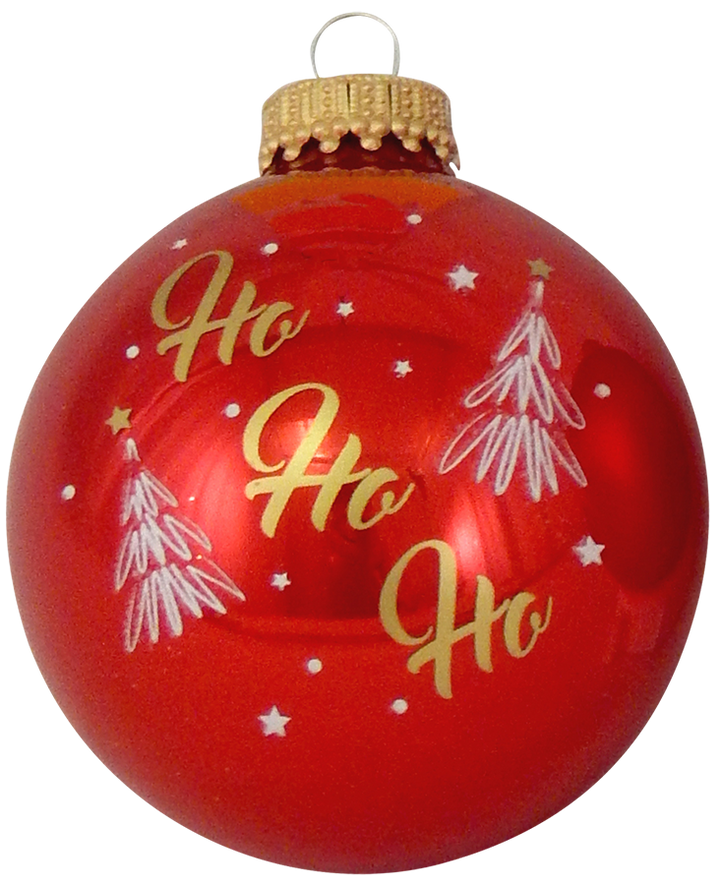 Glass Christmas Tree Ornaments - 67mm/2.63" [4 Pieces] Decorated Balls from Christmas by Krebs Seamless Hanging Holiday Decor (Candy Apple Red & Flame Red with Ho Ho Ho)