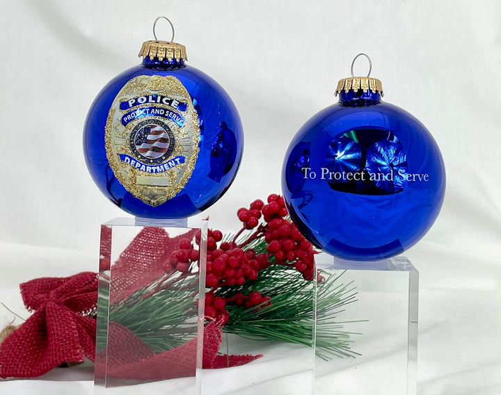 Christmas Tree Ornaments - 80mm / 3.25" Decorated Collectible Glass Balls from Christmas by Krebs - Handmade Hanging Holiday Decorations for Trees (Victoria Blue with Police Shield Gift)