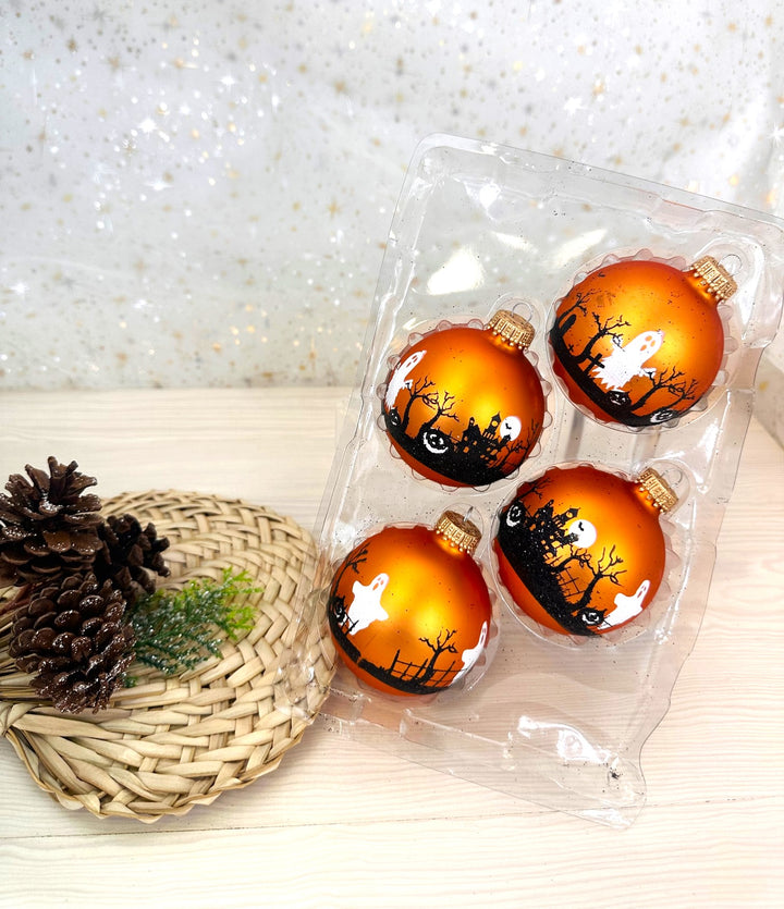Halloween Tree Ornaments - 67mm/2.625" Decorated Glass Balls from Christmas by Krebs - Handmade Seamless Hanging Holiday Decorations for Trees - Set of 4 (Velvet Wildfire Orange with Graveyard)