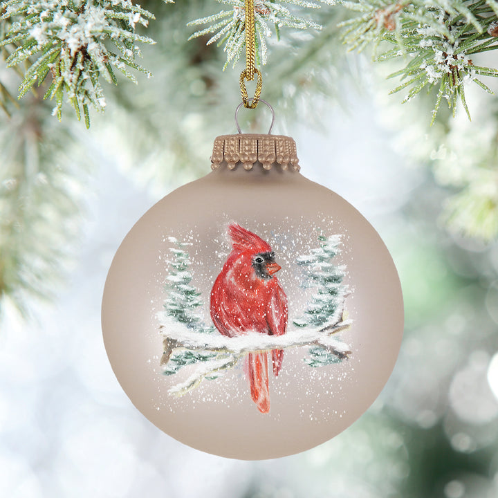 Glass Christmas Tree Ornaments - 67mm/2.625" [4 Pieces] Decorated Balls from Christmas by Krebs Seamless Hanging Holiday Decor (Velvet Oyster with Cardinal)