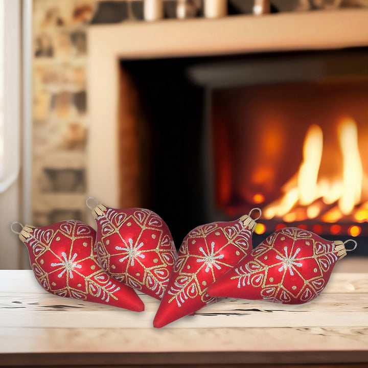 Glass Christmas Tree Ornaments - 67mm/2.63" [4 Pieces] Decorated Balls from Christmas by Krebs Seamless Hanging Holiday Decor (Red Velvet 4" Drops With Gold & Silver Snowflakes)