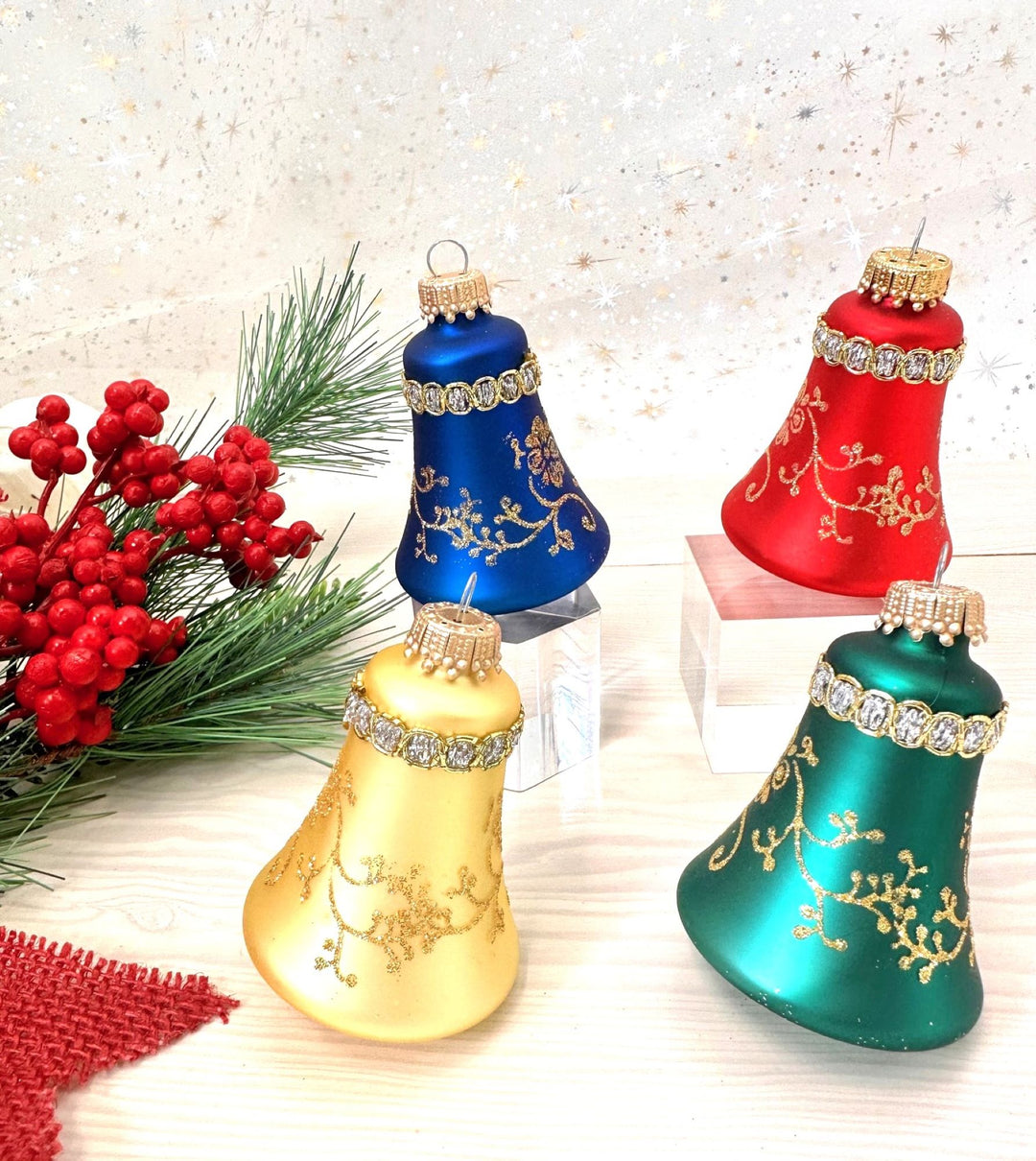 Glass Christmas Tree Ornaments - 67mm/2.625" [4 Pieces] Decorated Balls from Christmas by Krebs Seamless Hanging Holiday Decor (Red, Gold, Navy & Green 3" Bell w/ Glitterlace & Braid)
