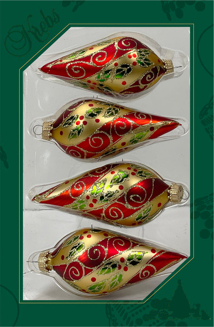Glass Christmas Tree Ornaments - 67mm/2.63" [4 Pieces] Decorated Balls from Christmas by Krebs Seamless Hanging Holiday Decor (Chiffon Gold 4" Drop with Holly & Scrolls)