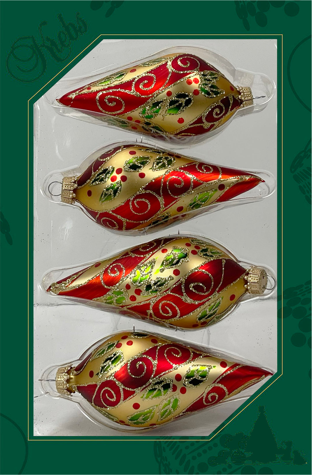 Glass Christmas Tree Ornaments - 67mm/2.63" [4 Pieces] Decorated Balls from Christmas by Krebs Seamless Hanging Holiday Decor (Chiffon Gold 4" Drop with Holly & Scrolls)