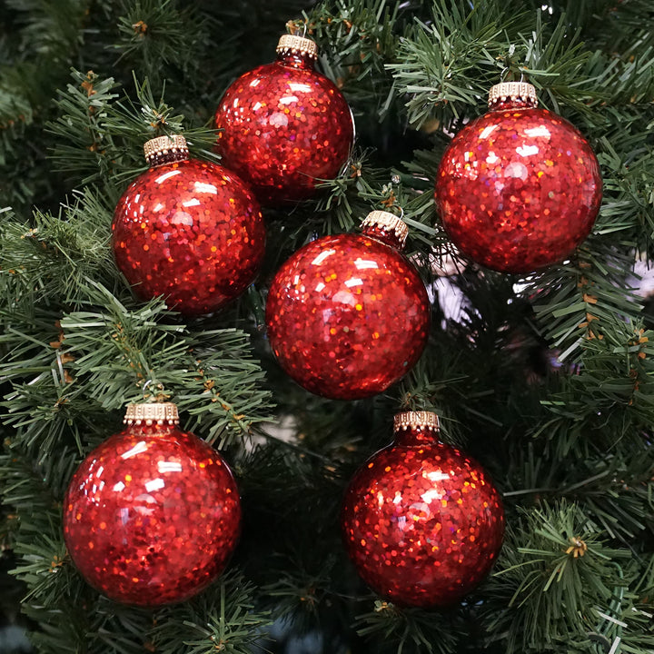 Glass Christmas Tree Ornaments - 67mm / 2.63" [6 Pieces] Designer Balls from Christmas By Krebs Seamless Hanging Holiday Decor (Crimson Red Spangle)