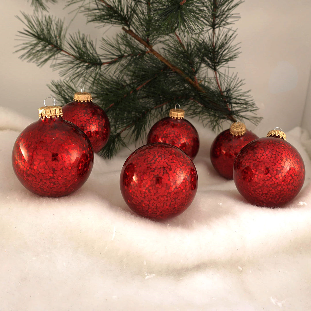 Glass Christmas Tree Ornaments - 67mm / 2.63" [6 Pieces] Designer Balls from Christmas By Krebs Seamless Hanging Holiday Decor (Crimson Red Spangle)