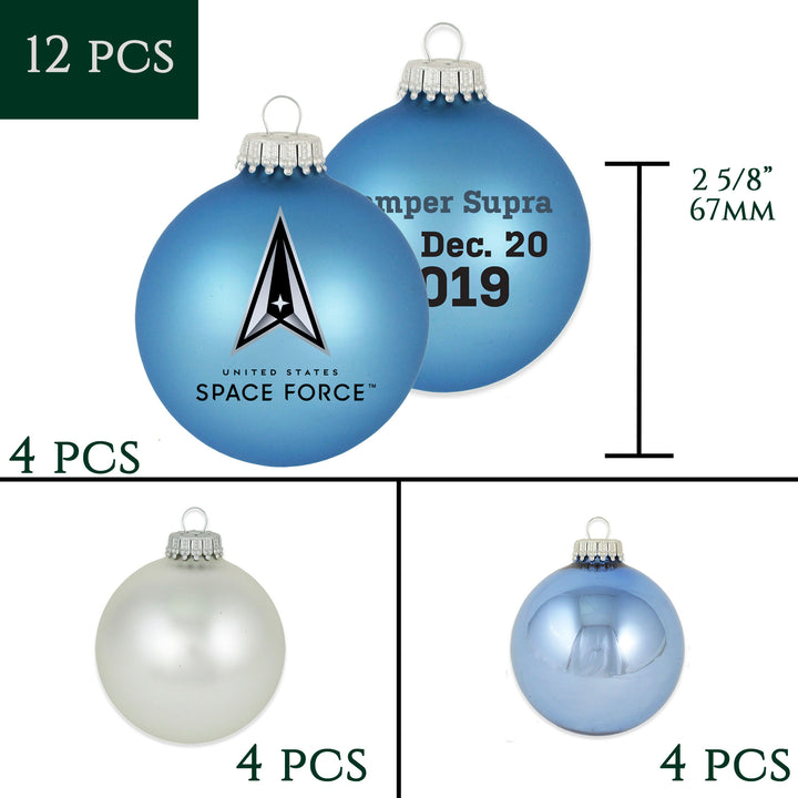 Christmas Tree Ornaments - Military Glass Balls from Christmas by Krebs - Handmade Seamless Hanging Holiday Decorations for Trees (67mm/2.625" Blue and Silver Space Force-USSF Variety Set of 12)