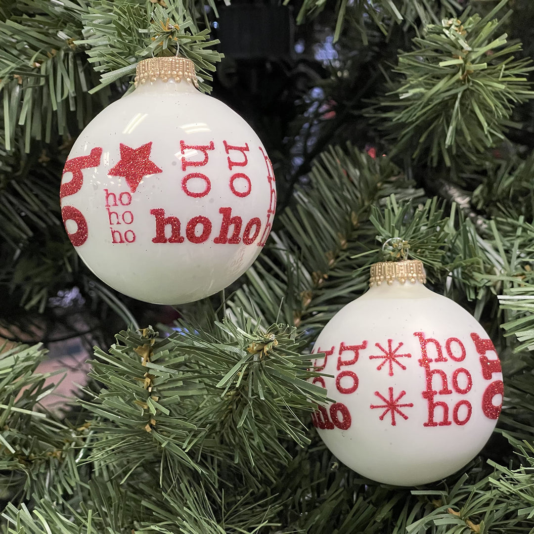 Glass Christmas Tree Ornaments - 67mm/2.63" [4 Pieces] Decorated Balls from Christmas by Krebs Seamless Hanging Holiday Decor (Porcelain White with Ho Ho Ho)