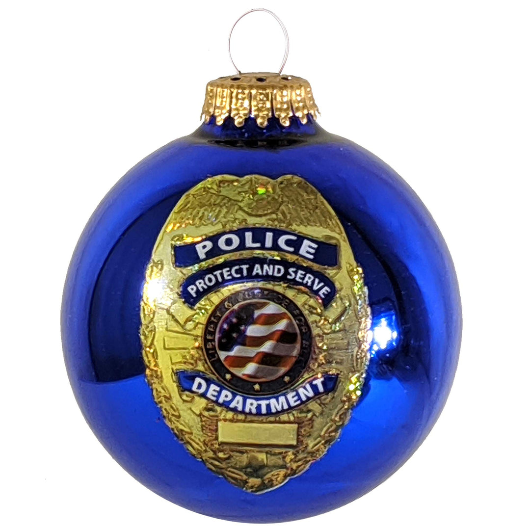 Christmas Tree Ornaments - 80mm / 3.25" Decorated Collectible Glass Balls from Christmas by Krebs - Handmade Hanging Holiday Decorations for Trees (Victoria Blue with Police Shield Gift)