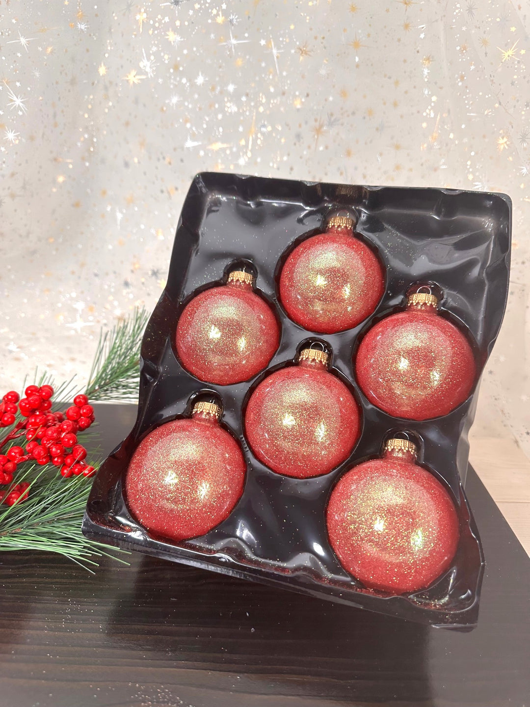 Glass Christmas Tree Ornaments - 67mm / 2.63" [6 Pieces] Designer Balls from Christmas By Krebs Seamless Hanging Holiday Decor (Fire Red Sparkle)