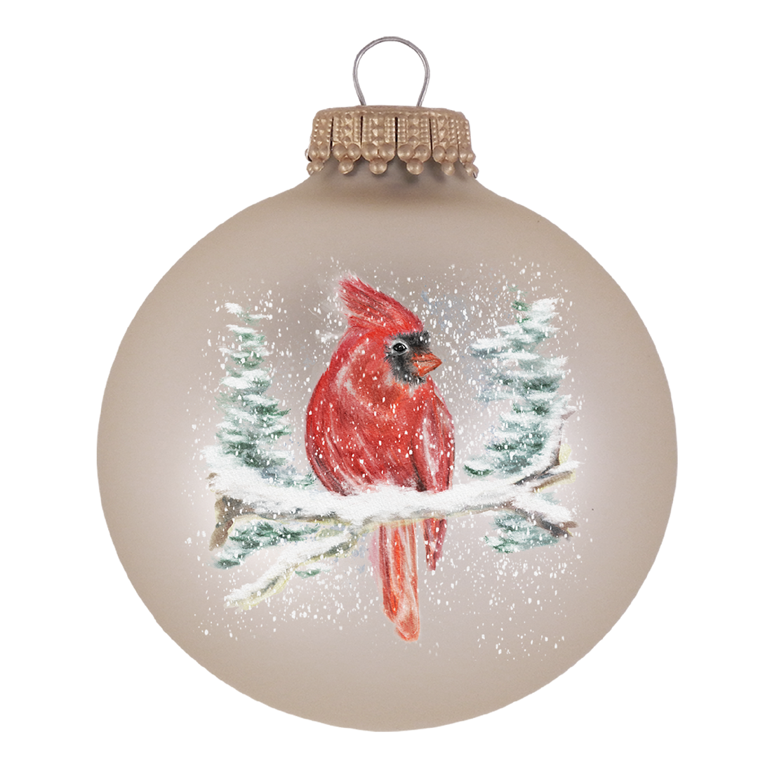 Glass Christmas Tree Ornaments - 67mm/2.625" [4 Pieces] Decorated Balls from Christmas by Krebs Seamless Hanging Holiday Decor (Velvet Oyster with Cardinal)