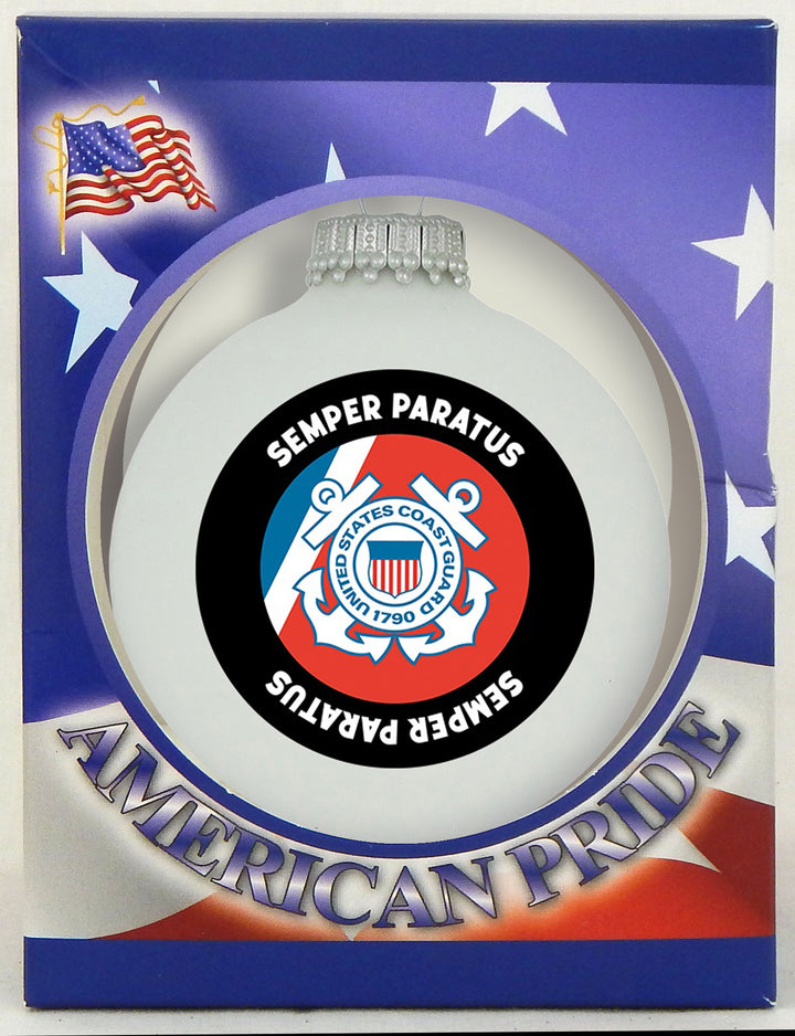 Christmas Tree Ornaments Made in the USA - 80mm / 3.25" Decorated Collectible Glass Balls from Christmas by Krebs - Handmade Hanging Holiday Decoration for Trees (USCG Logo & Hymn)