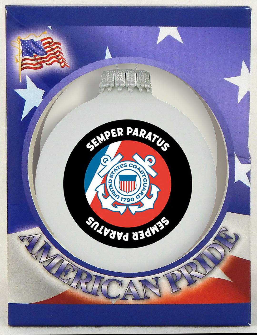 Christmas Tree Ornaments Made in the USA - 80mm / 3.25" Decorated Collectible Glass Balls from Christmas by Krebs - Handmade Hanging Holiday Decoration for Trees (USCG Logo & Hymn)