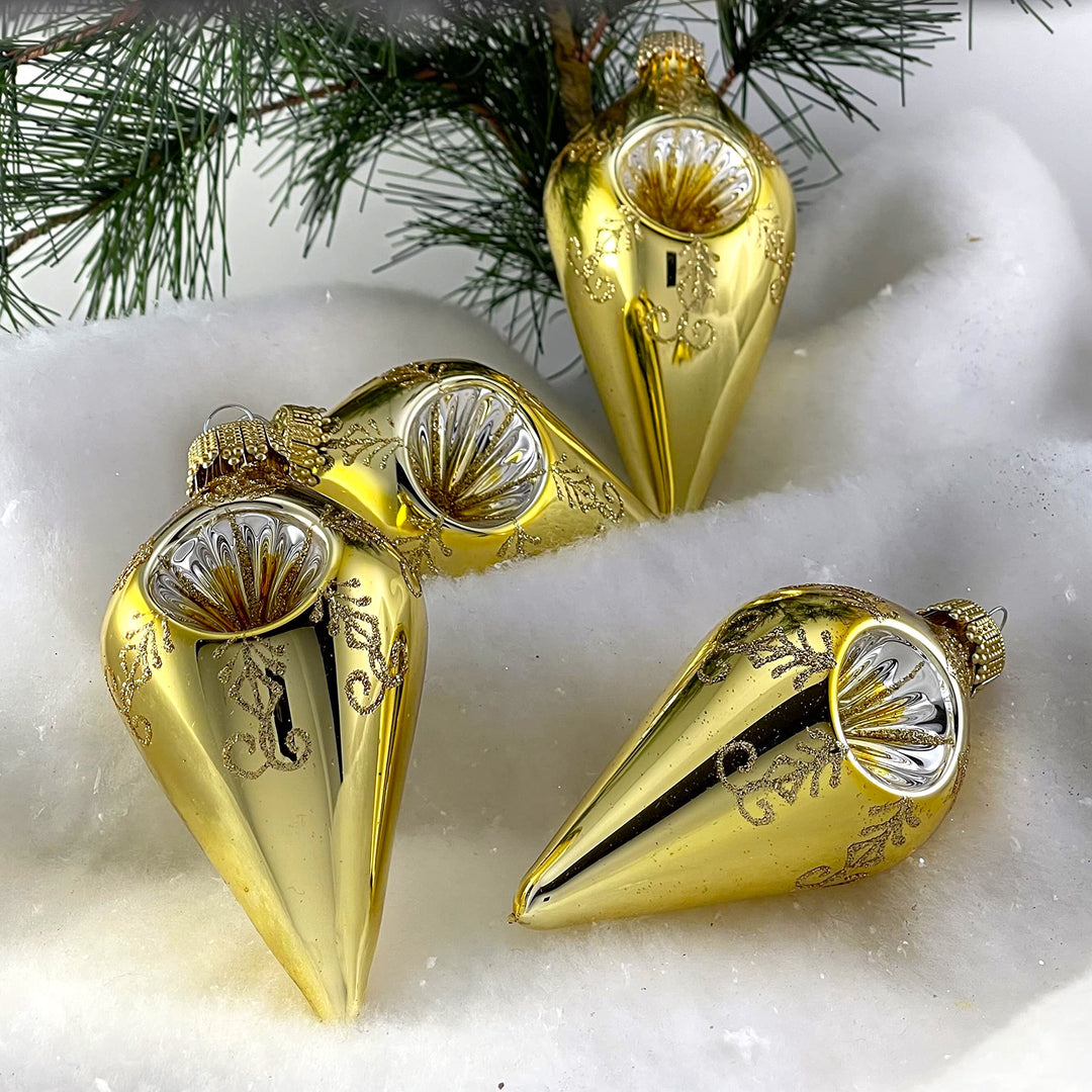Glass Christmas Tree Ornaments - 67mm/2.625" [4 Pieces] Decorated Balls from Christmas by Krebs Seamless Hanging Holiday Decor (Shiny Aztec Gold Reflector 4" Drop Shape)