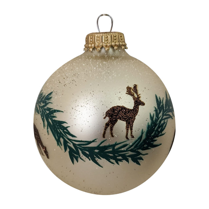 Glass Christmas Tree Ornaments - 67mm/2.63" [4 Pieces] Decorated Balls from Christmas by Krebs Seamless Hanging Holiday Decor (Oyster Velvet w/ Brown Deer & Garland)