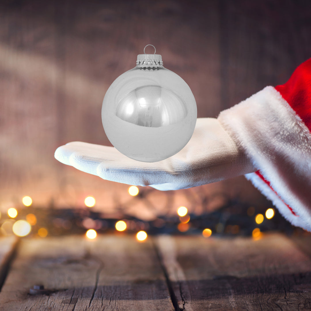 Glass Christmas Tree Ornaments - 80mm / 3.25" [4 Pieces] Designer Balls from Christmas By Krebs Seamless Hanging Holiday Decor (Bright Silver)