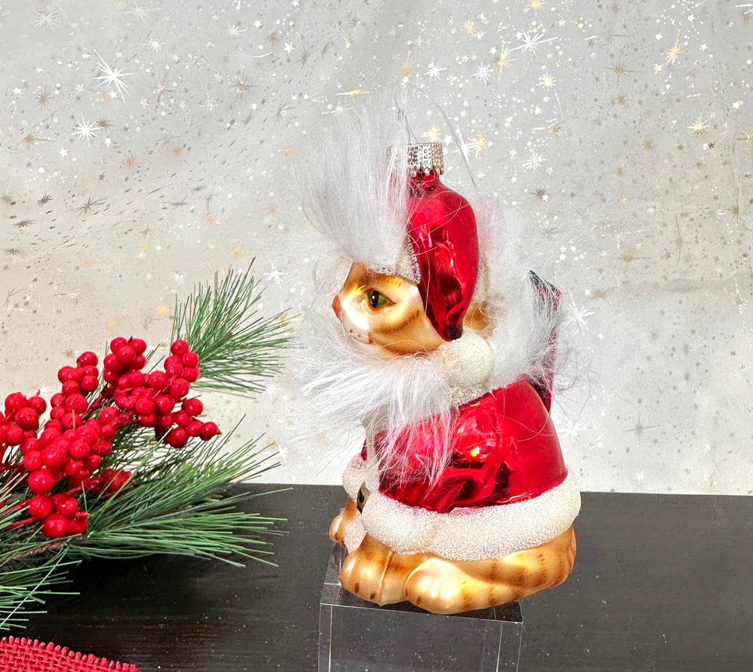 Christmas By Krebs Blown Glass  Collectible Tree Ornaments  (4.25" Gray Tabby Santa "Claws")