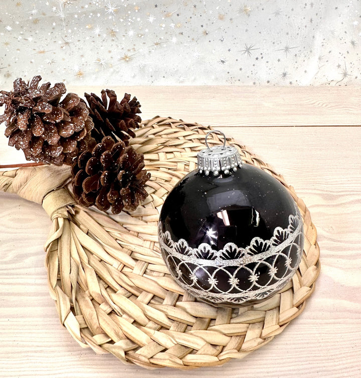 Glass Christmas Tree Ornaments - 67mm/2.63" [4 Pieces] Decorated Balls from Christmas by Krebs Seamless Hanging Holiday Decor (Ebony Shine & Velvet Black with Silver Fancy Band)