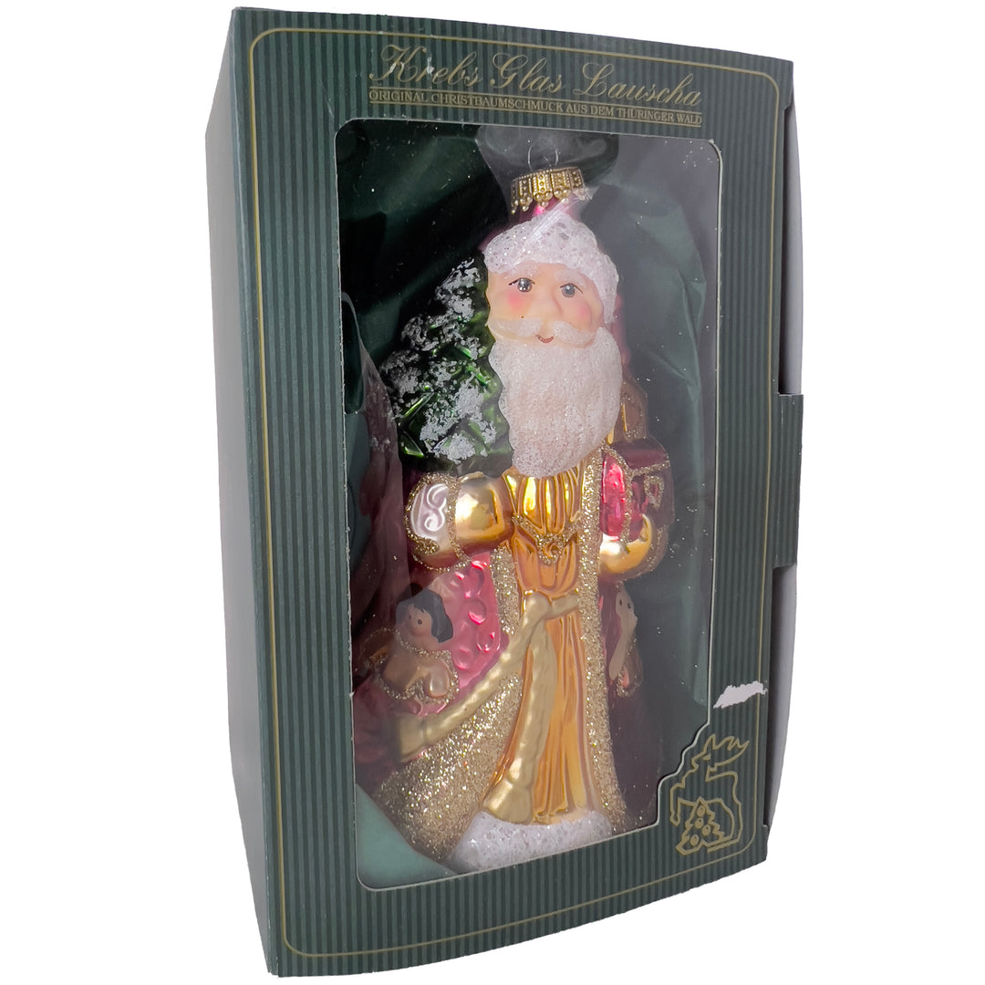 Christmas by Krebs Blown Glass Collectible Ukrainian Figurine (6.6" Santa with Treasure)