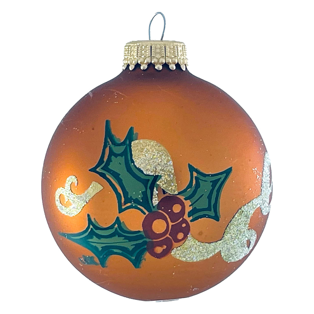 Glass Christmas Tree Ornaments - 67mm/2.625" [4 Pieces] Decorated Balls from Christmas by Krebs Seamless Hanging Holiday Decor (Copper Shine and Velvet with Holly & Ribbon)