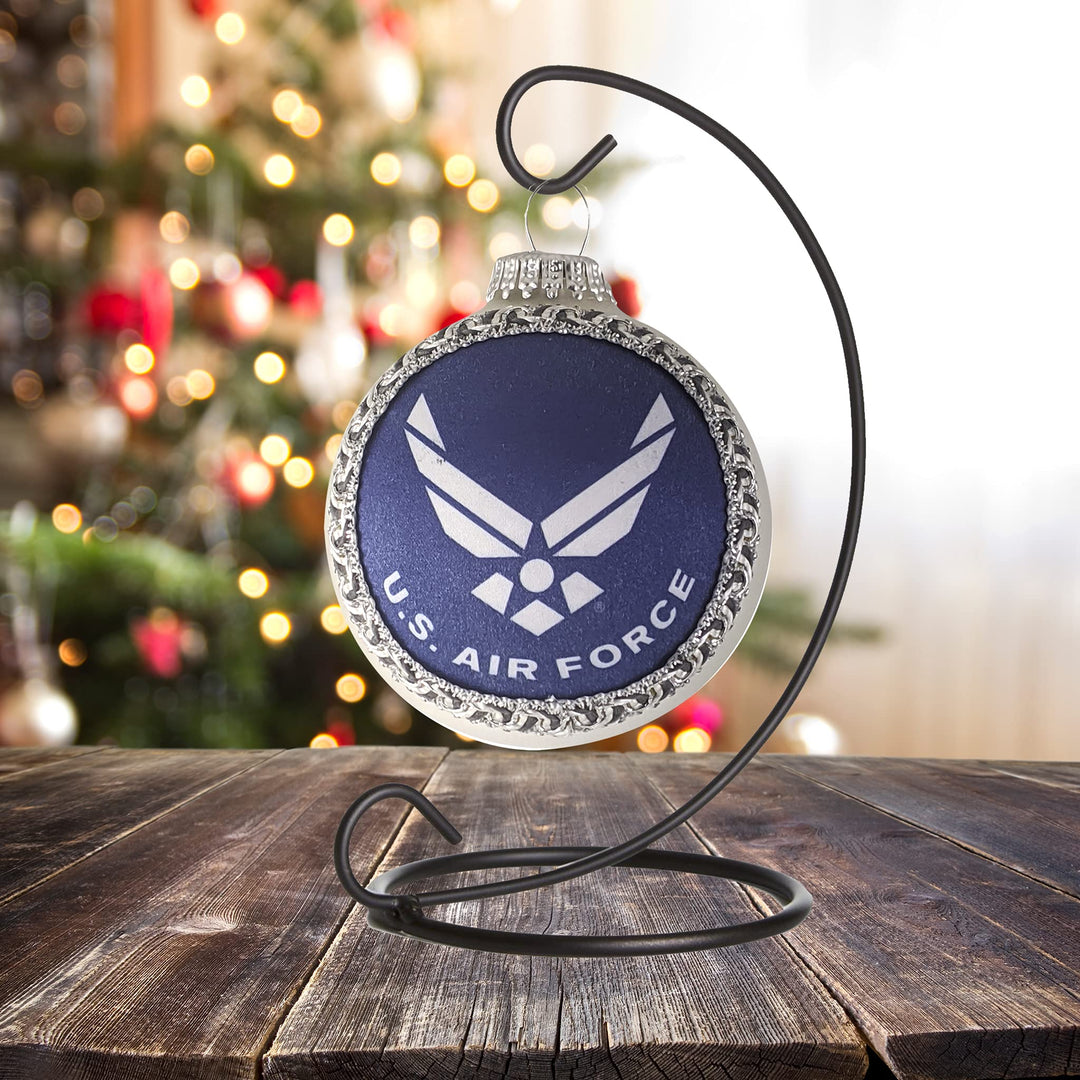 Christmas Tree Ornaments Made in the USA - 80mm / 3.25" Decorated Collectible Glass Balls from Christmas by Krebs - Handmade Hanging Holiday Decoration for Trees (USAF Logo and Hymn, Silk)