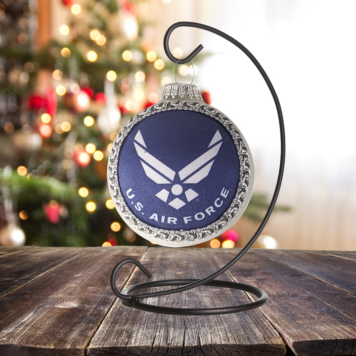Christmas Tree Ornaments Made in the USA - 80mm / 3.25" Decorated Collectible Glass Balls from Christmas by Krebs - Handmade Hanging Holiday Decoration for Trees (USAF Logo and Hymn, Silk)