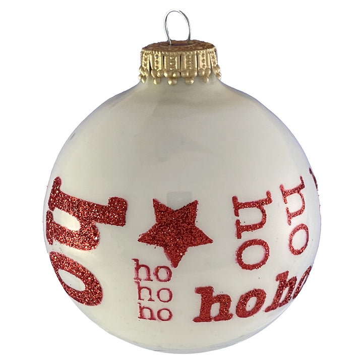 Glass Christmas Tree Ornaments - 67mm/2.63" [4 Pieces] Decorated Balls from Christmas by Krebs Seamless Hanging Holiday Decor (Porcelain White with Ho Ho Ho)