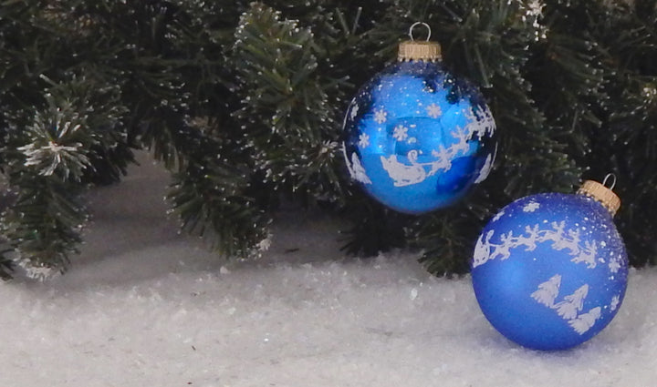 Glass Christmas Tree Ornaments - 67mm/2.63" [4 Pieces] Decorated Balls from Christmas by Krebs Seamless Hanging Holiday Decor (Classic Blue Shine with Santa Sleigh)