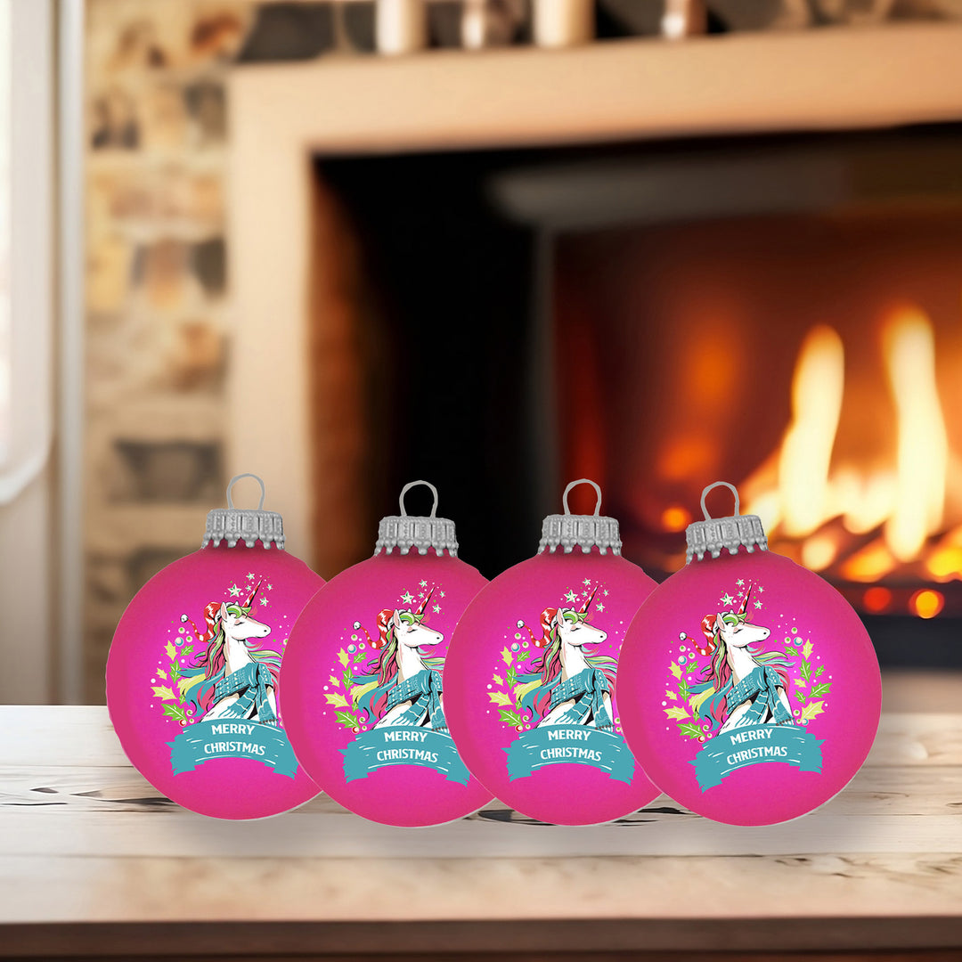Glass Christmas Tree Ornaments - 67mm/2.625" [4 Pieces] Decorated Balls from Christmas by Krebs Seamless Hanging Holiday Decor (Bubblegum Velvet with Holiday Unicorn)