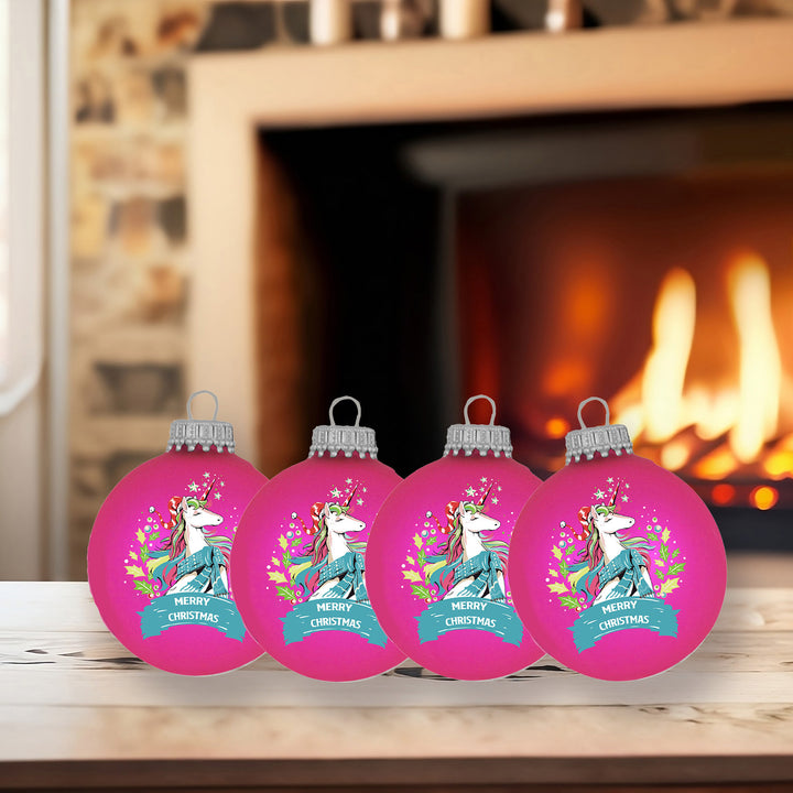 Glass Christmas Tree Ornaments - 67mm/2.625" [4 Pieces] Decorated Balls from Christmas by Krebs Seamless Hanging Holiday Decor (Bubblegum Velvet with Holiday Unicorn)