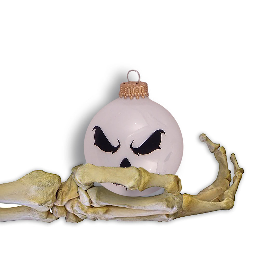 Halloween Tree Ornaments - 67mm/2.625" Decorated Glass Balls from Christmas by Krebs - Handmade Seamless Hanging Holiday Decorations for Trees - Set of 4 (Porcelain White with Scary Face #2)