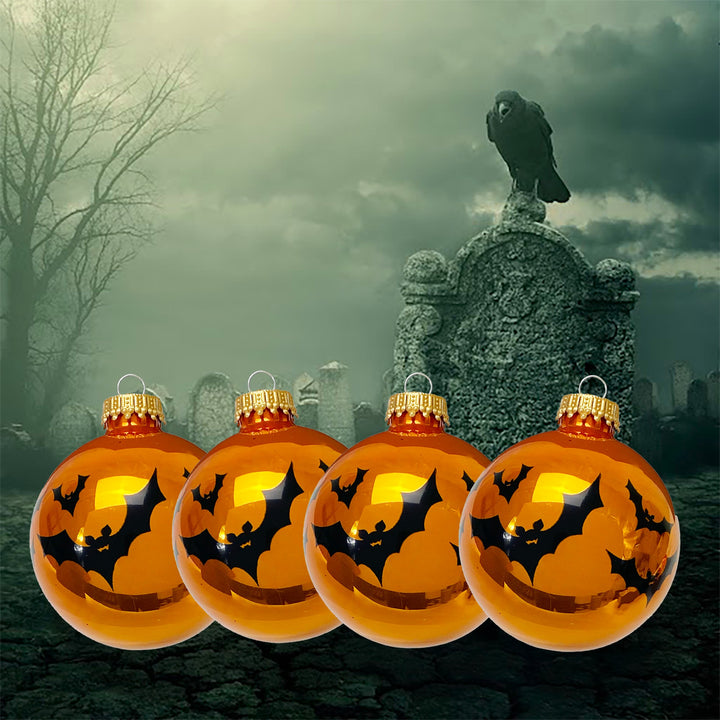 Halloween Tree Ornaments - 67mm/2.625" Decorated Glass Balls from Christmas by Krebs - Handmade Seamless Hanging Holiday Decorations for Trees - Set of 4 (Shiny Orange Crush with Bats)