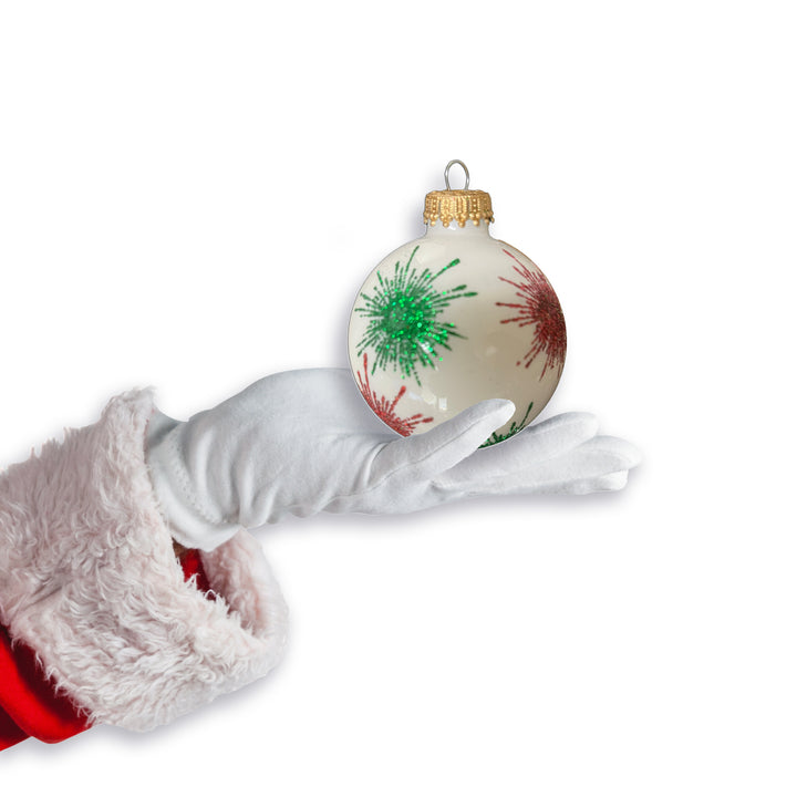 Glass Christmas Tree Ornaments - 67mm/2.63" [4 Pieces] Decorated Balls from Christmas by Krebs Seamless Hanging Holiday Decor (Porcelain White with Red & Green Starlight)