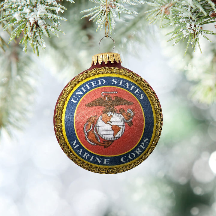 Christmas Tree Ornaments Made in the USA - 80mm / 3.25" Decorated Collectible Glass Balls from Christmas by Krebs - Handmade Hanging Holiday Decoration for Trees (USMC Logo and Hymn, Silk)