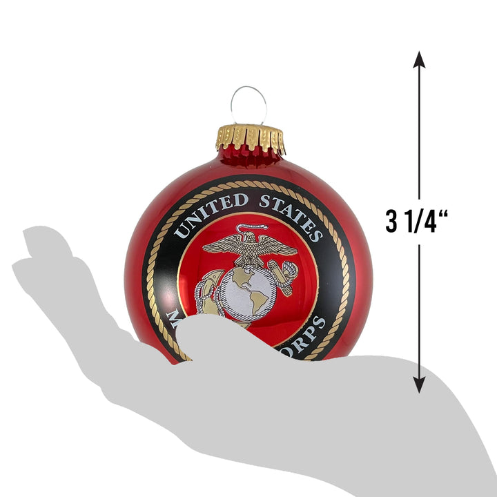Christmas Tree Ornaments Made in the USA - 80mm / 3.25" Decorated Collectible Glass Balls from Christmas by Krebs - Handmade Hanging Holiday Decoration for Trees (USMC Logo & Hymn)