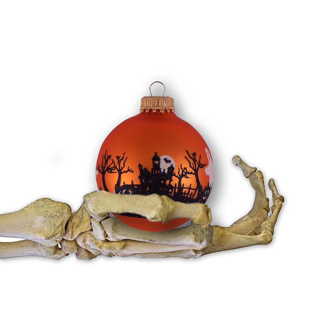 Halloween Tree Ornaments - 67mm/2.625" Decorated Glass Balls from Christmas by Krebs - Handmade Seamless Hanging Holiday Decorations for Trees - Set of 4 (Velvet Wildfire Orange with Graveyard)