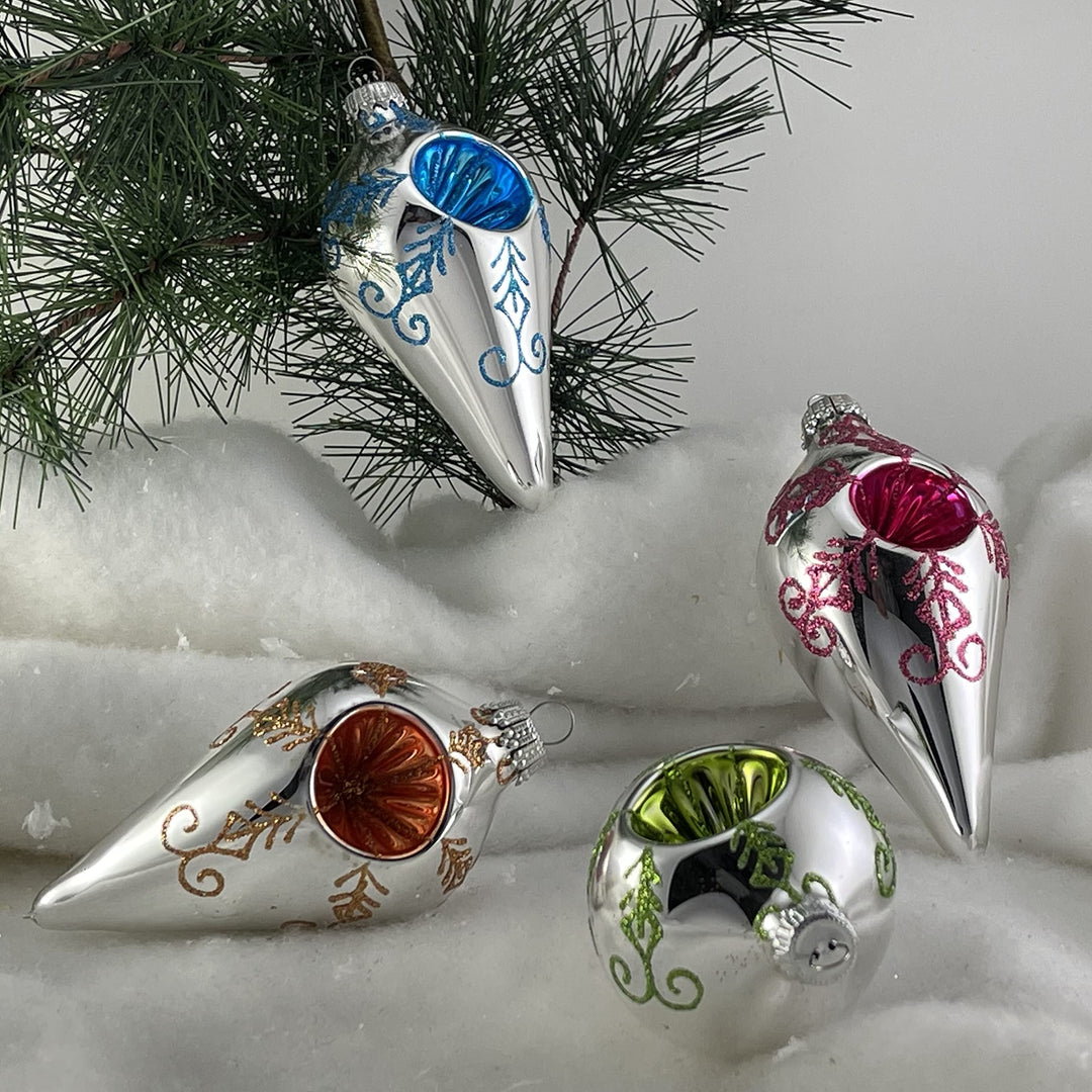 Glass Christmas Tree Ornaments - 67mm/2.625" [4 Pieces] Decorated Balls from Christmas by Krebs Seamless Hanging Holiday Decor (Bright Silver 4" Drops with Reflectors)