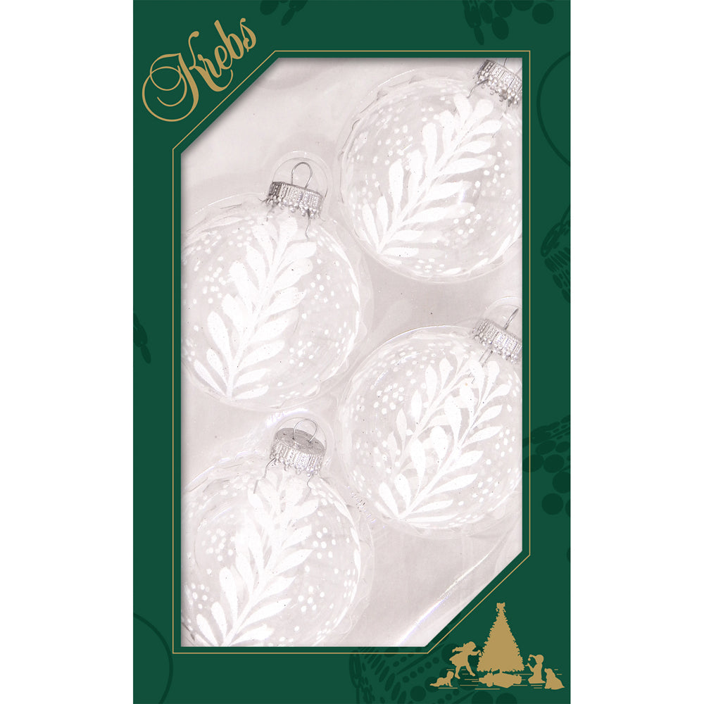 Glass Christmas Tree Ornaments - 67mm/2.63" [4 Pieces] Decorated Balls from Christmas by Krebs Seamless Hanging Holiday Decor (Clear with White Vines and Dots)