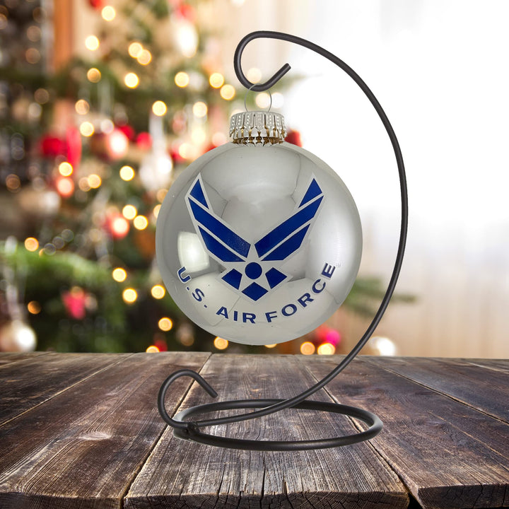 Christmas Tree Ornaments Made in the USA - 80mm / 3.25" Decorated Collectible Glass Balls from Christmas by Krebs - Handmade Hanging Holiday Decoration for Trees (USAF Logo & Hymn, Silver)