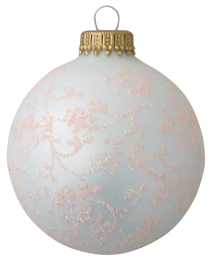 Glass Christmas Tree Ornaments - 67mm/2.63" [4 Pieces] Decorated Balls from Christmas by Krebs Seamless Hanging Holiday Decor (Classic White Velvet with Coral Glitterlace)
