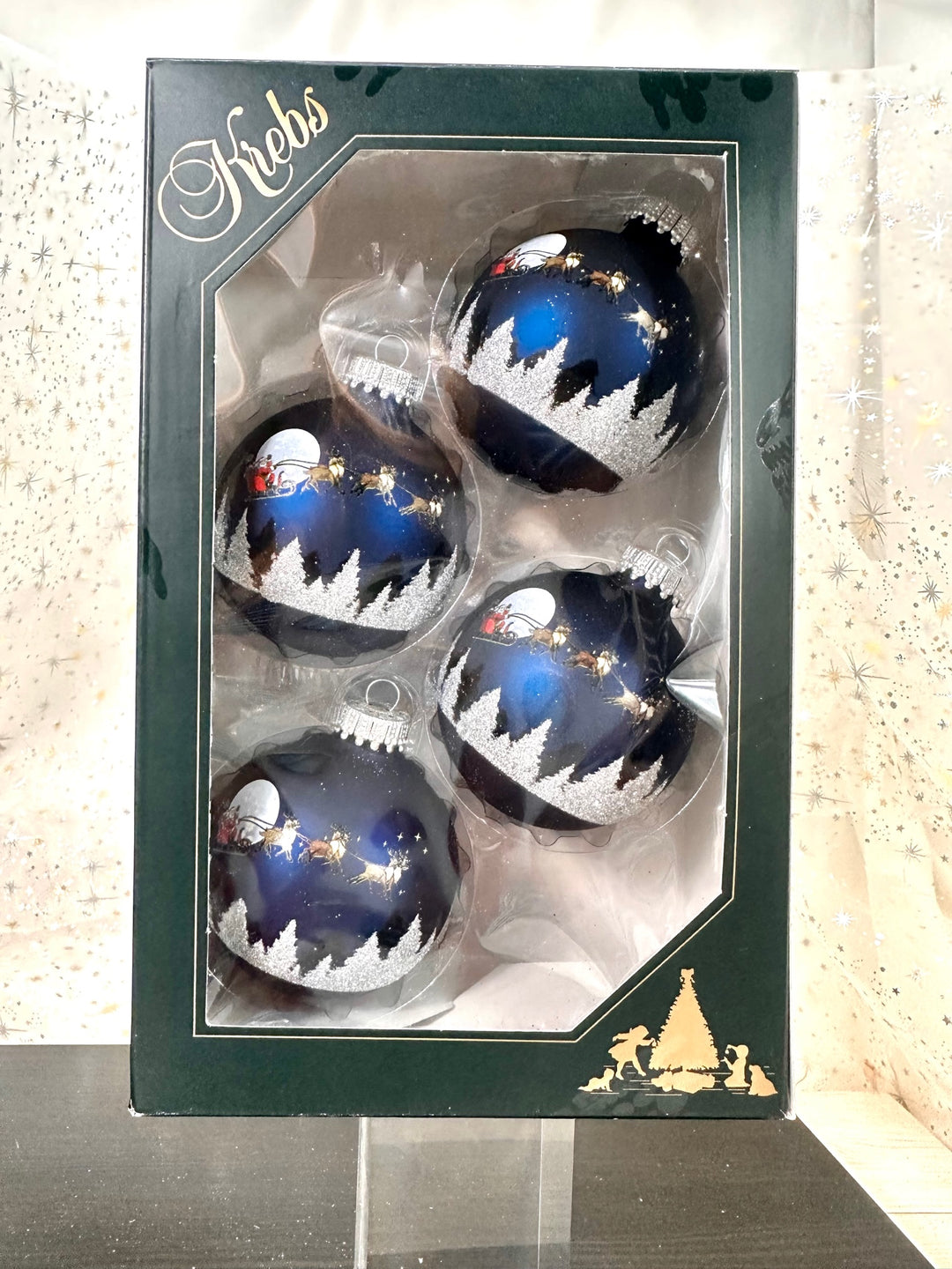 Glass Christmas Tree Ornaments - 67mm/2.63" [4 Pieces] Decorated Balls from Christmas by Krebs Seamless Hanging Holiday Decor (Midnight Haze Blue with Spirit of Christmas)