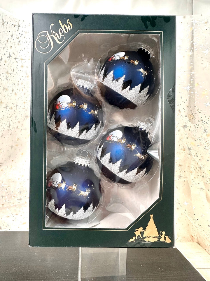 Glass Christmas Tree Ornaments - 67mm/2.63" [4 Pieces] Decorated Balls from Christmas by Krebs Seamless Hanging Holiday Decor (Midnight Haze Blue with Spirit of Christmas)