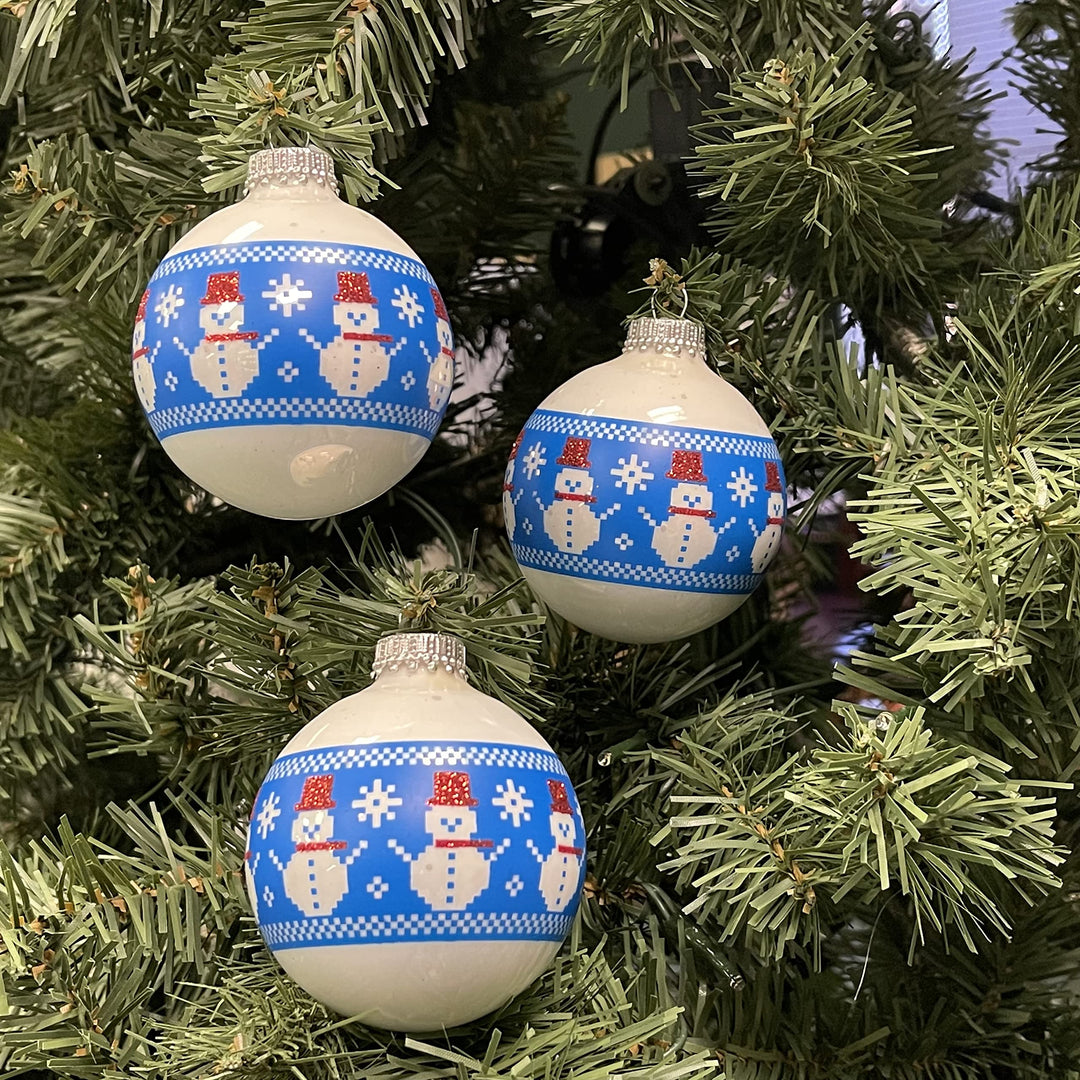 Glass Christmas Tree Ornaments - 67mm/2.63" [4 Pieces] Decorated Balls from Christmas by Krebs Seamless Hanging Holiday Decor (Porcelain White with Stiched Snowman Band)