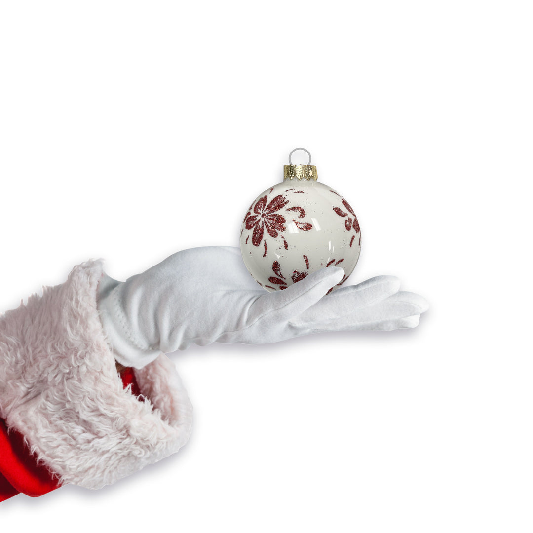 Glass Christmas Tree Ornaments - 67mm/2.625" [4 Pieces] Decorated Balls from Christmas by Krebs Seamless Hanging Holiday Decor (Porcelain White with Red Christmas Flower)