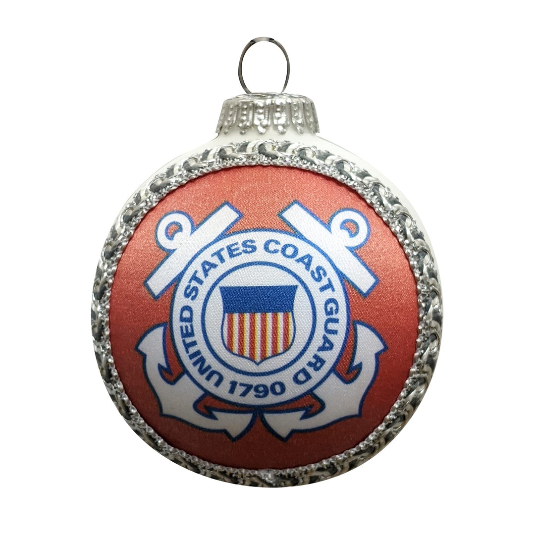 Christmas Tree Ornaments Made in the USA - 80mm / 3.25" Decorated Collectible Glass Balls from Christmas by Krebs - Handmade Hanging Holiday Decoration for Trees (USCG Logo & Hymn, Silk)