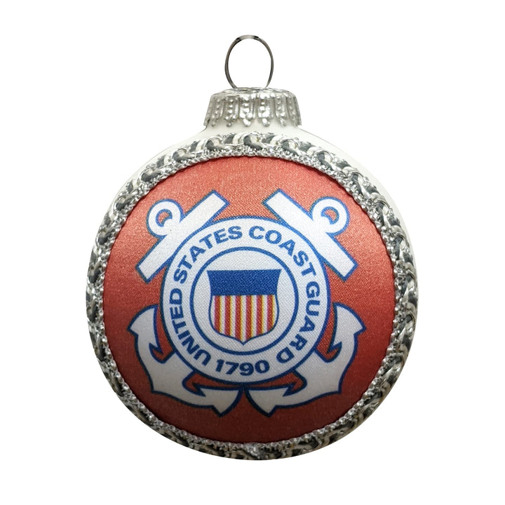 Christmas Tree Ornaments Made in the USA - 80mm / 3.25" Decorated Collectible Glass Balls from Christmas by Krebs - Handmade Hanging Holiday Decoration for Trees (USCG Logo & Hymn, Silk)