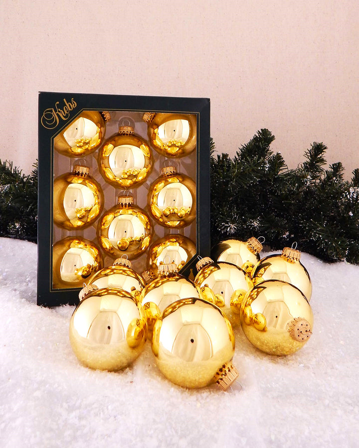 Christmas By Krebs Made in The USA Designer Seamless Glass Christmas Ball Ornaments, 2 5/8" (67mm), 8 Pieces (Shiny Aztec Gold)