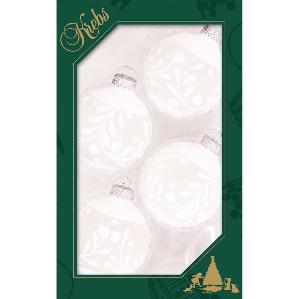 Glass Christmas Tree Ornaments - 67mm/2.625" [4 Pieces] Decorated Balls from Christmas by Krebs Seamless Hanging Holiday Decor (Frost with White Glitter Flowering Vines)