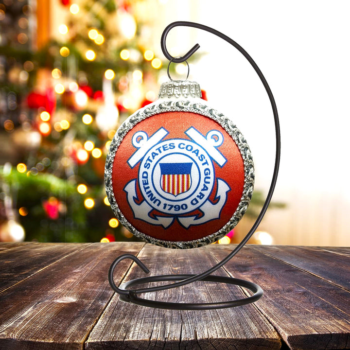 Christmas Tree Ornaments Made in the USA - 80mm / 3.25" Decorated Collectible Glass Balls from Christmas by Krebs - Handmade Hanging Holiday Decoration for Trees (USCG Logo & Hymn, Silk)